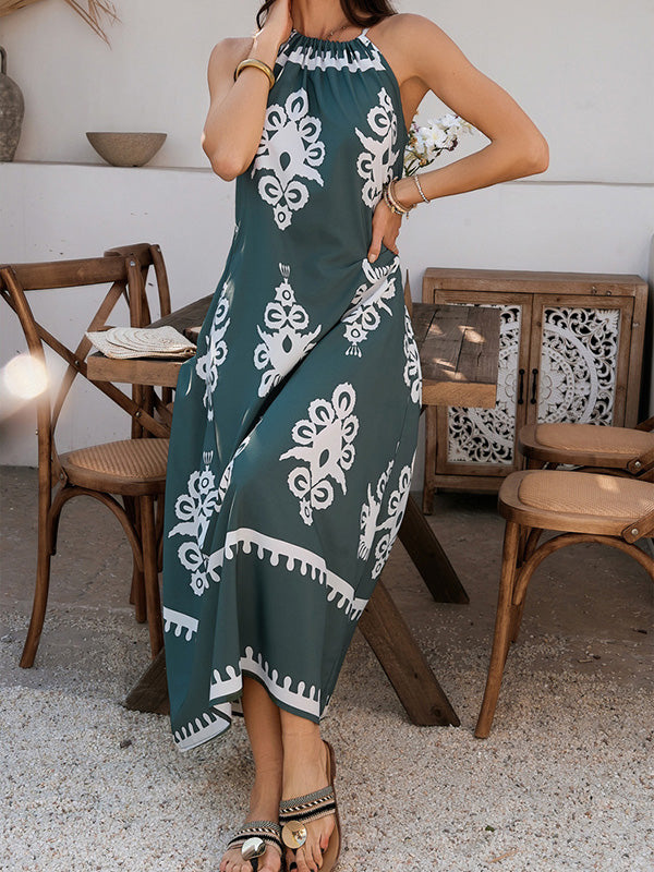 Contrast Color A-line Loose Halter-Neck Maxi Dresses