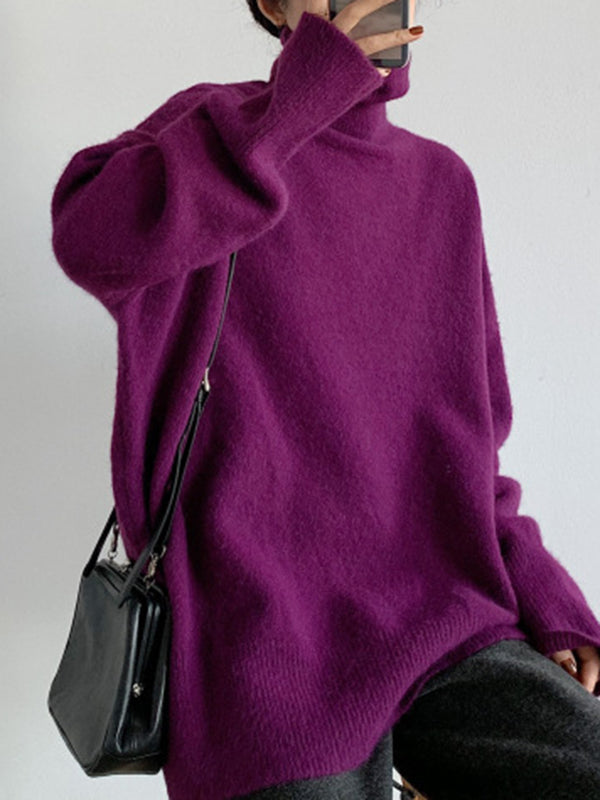 Solid Color Split-Joint Split-Side Long Sleeves Loose High Neck Sweater