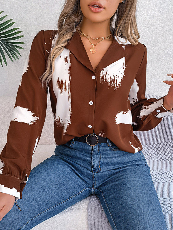 Buttoned Printed Long Sleeves Loose Notched Collar Blouses&Shirts Tops