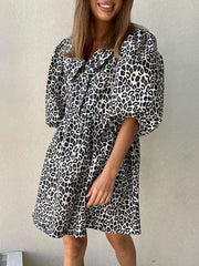 Buttoned Elasticity Leopard No Belt Zipper A-Line Half Sleeves Lapel Mini Dresses