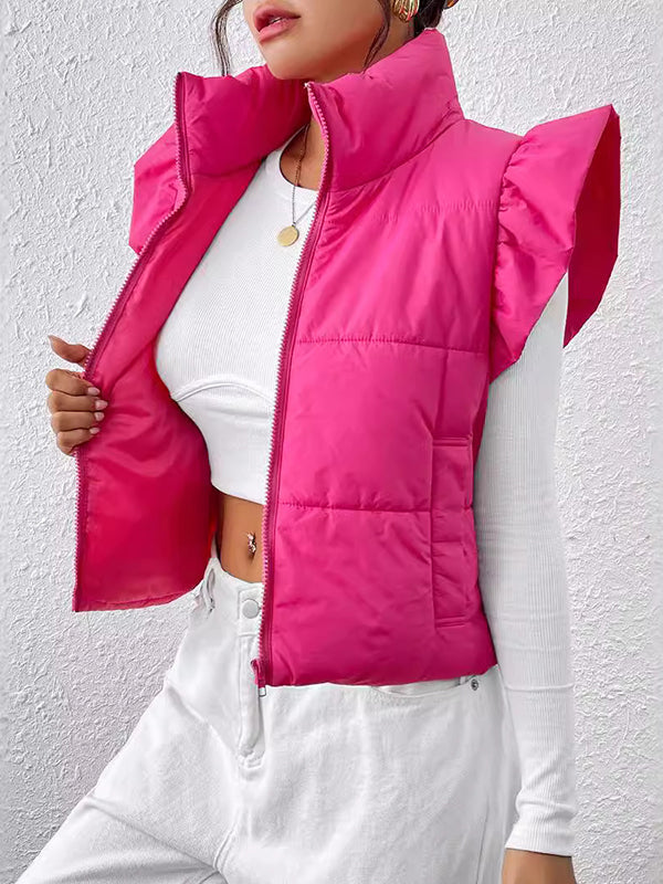 Pleated Solid Color Split-Joint Flared Sleeves High Neck Padded Vest