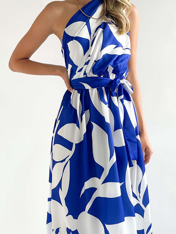 Bandage Contrast Color Hollow Printed Loose Sleeveless One-Shoulder Midi Dresses