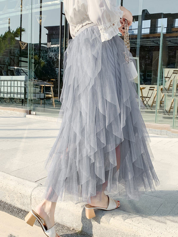 Original Stylish Irregular Mesh Solid Color Skirt