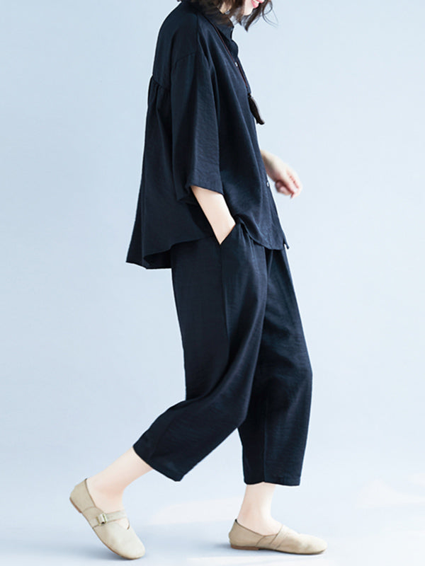 Two-Pieces Black Loose Shirt And Ninth Pants Suit