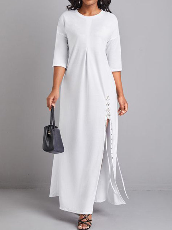 Hollow Pleated Solid Color Split-Front Tied Half Sleeves Loose Round-Neck Maxi Dresses