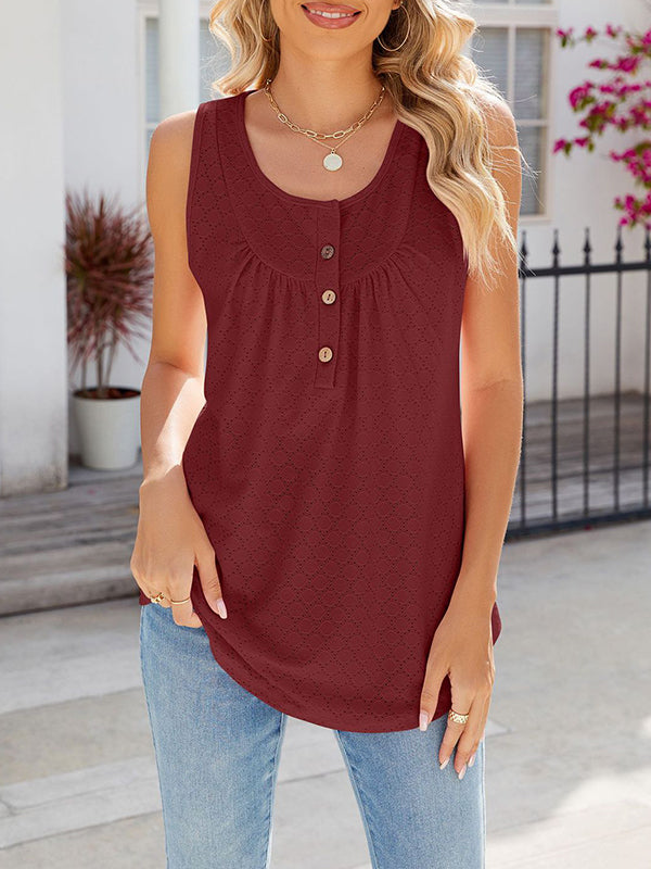 Buttoned Pleated Split-Joint Loose Sleeveless Round-Neck Vest Top