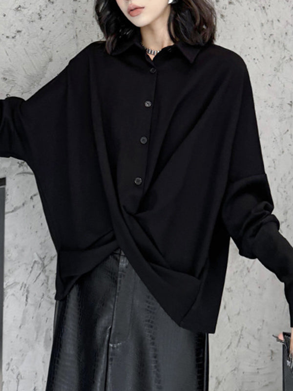Buttoned Solid Color Twist Hipster Irregularity Lapel Collar Blouses&Shirts Tops