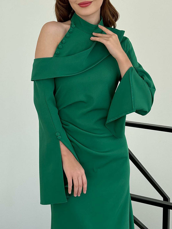 Flared Sleeves Asymmetric Buttoned Hollow Solid Color Zipper Cold Shoulder Evening Dresses Maxi Dresses
