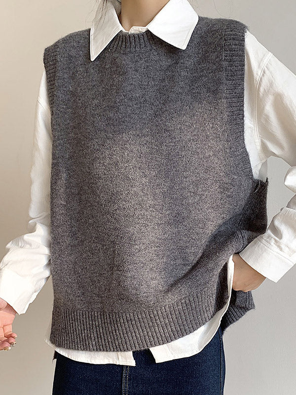 Solid Color Split-Joint Split-side High-low Loose Round-neck Vest Top Knitwear