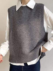 Solid Color Split-Joint Split-side High-low Loose Round-neck Vest Top Knitwear