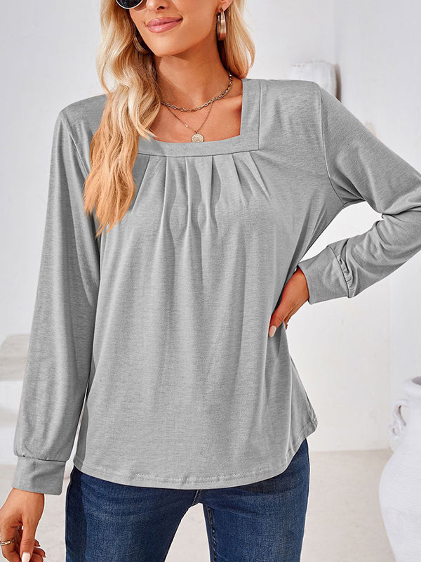 Pleated Solid Color Long Sleeves Loose Square-Neck T-Shirts Tops