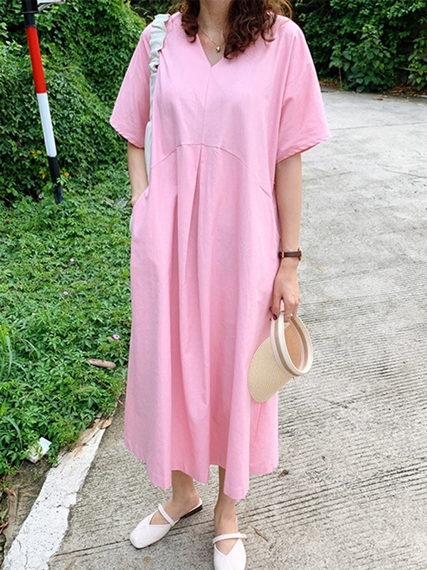 Loose Solid Color V-Neck Pleated With Pockets Midi Dresses