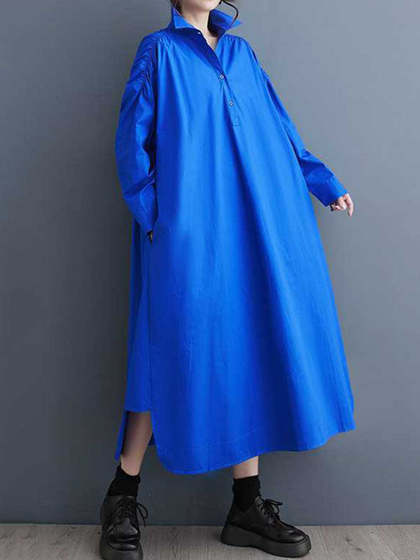 Buttoned Hollow Pleated Pockets Solid Color A-line Long Sleeves Lapel Shirt Dress Midi Dresses