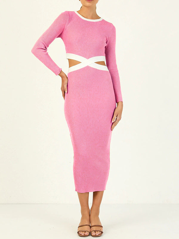 Hollow High Waisted Long Sleeves Round-Neck Midi Dresses