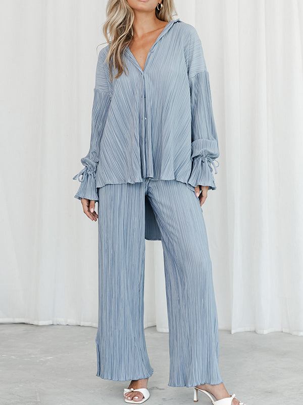 Solid Color Flared Sleeves Long Sleeves Buttoned Drawstring Pleated Split-Side Lapel Shirts Top + Pants Bottom Pajama Sets