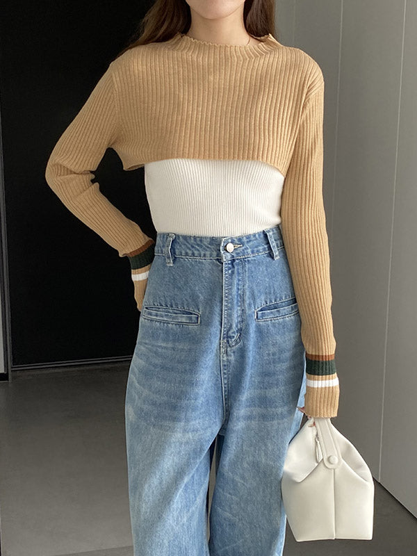 Contrast Color Long Sleeves Loose Round-Neck Two Pieces Set Cover-Ups Tops