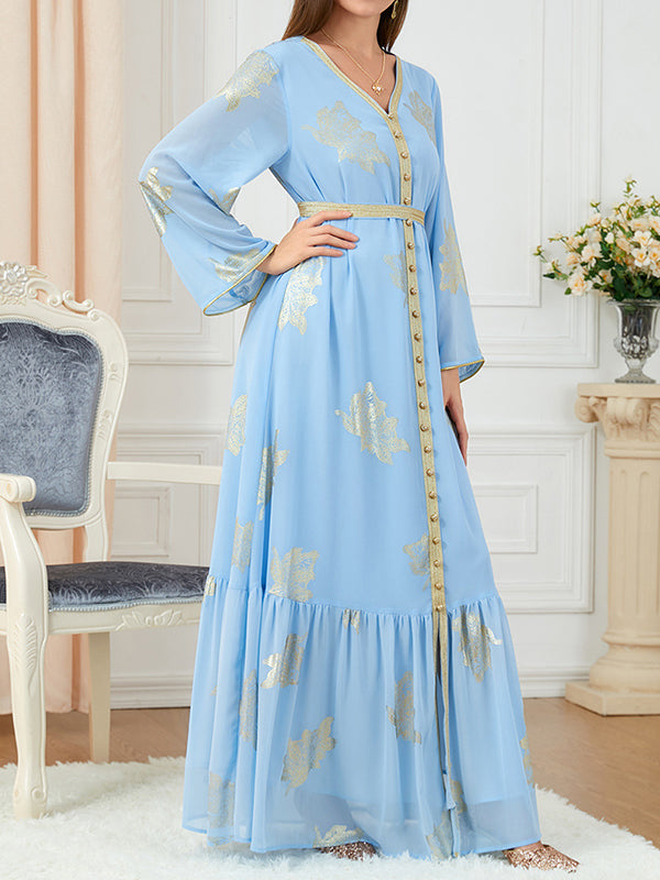 Pleated Printed Split-Front Split-Joint Tied Waist Long Sleeves Loose V-Neck Maxi Dresses