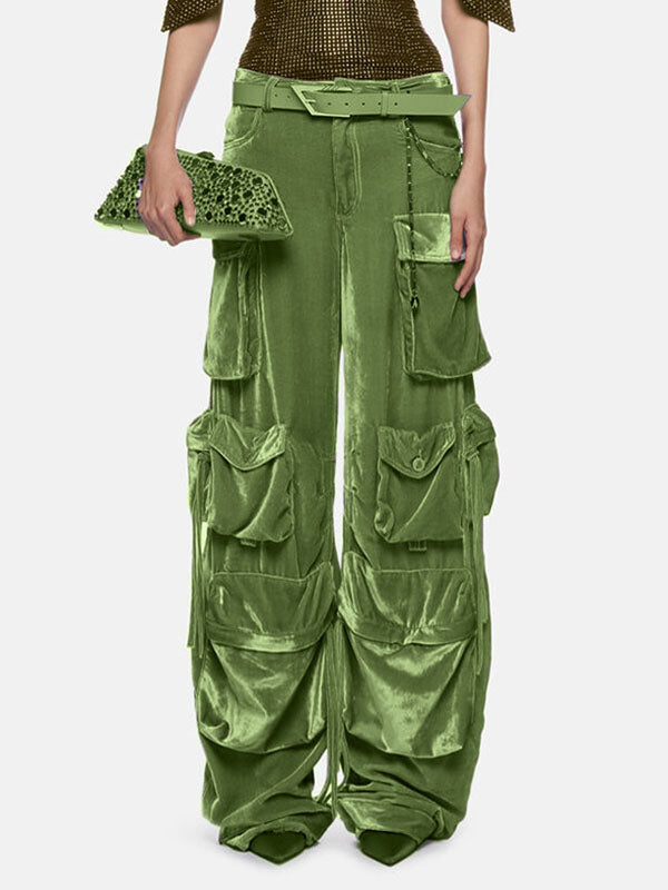 No Belt Pockets Solid Color High Waisted Loose Trousers Pants