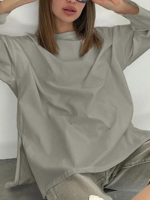 Solid Color Split-Joint Split-side High-low Long Sleeves Round-neck T-shirts