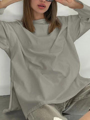 Solid Color Split-Joint Split-side High-low Long Sleeves Round-neck T-shirts