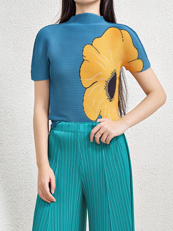 Flower Print Pleated Short Sleeves Mock Neck T-Shirts Tops