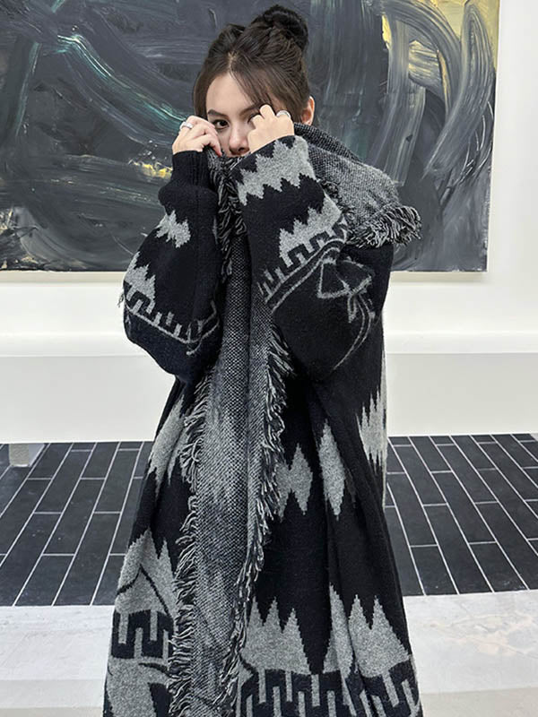 Contrast Color Geometric Split-Joint Tasseled Long Sleeves Loose Lapel Overcoat Outerwear
