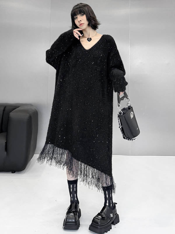 Contrast Color Sequined Shiny Split-Joint Tasseled Irregularity Long Sleeves V-Neck Sweater Dresses Midi Dresses