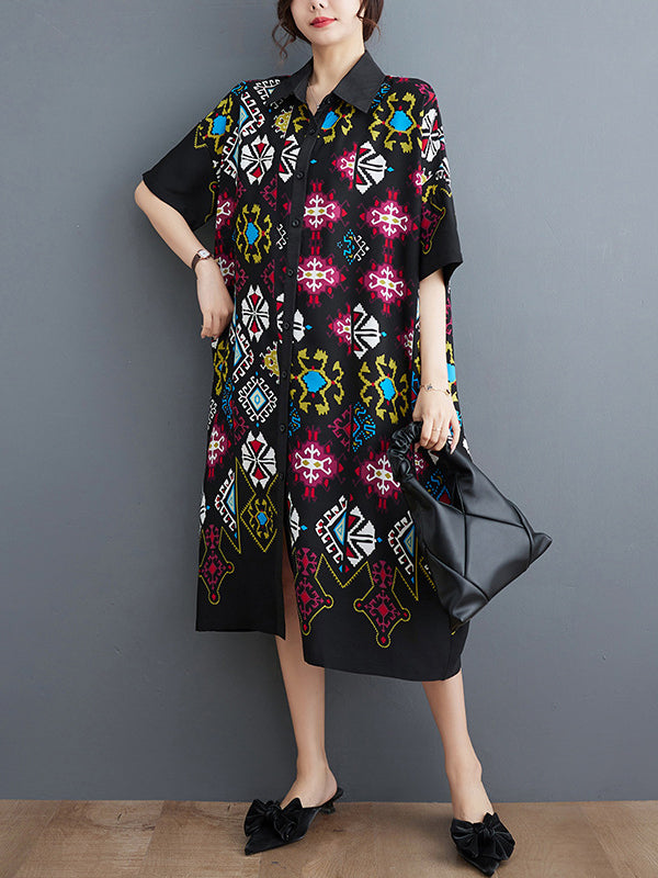 Ethnic Printed Loose Short Sleeves Lapel Midi Dresses