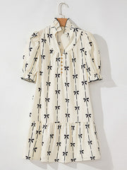 Bowknot Contrast Color Printed Split-Joint A-Line Loose Stand Collar Midi Dresses