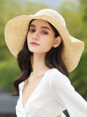 Hollow Solid Color Wide Side Woven Sun-Protection Hats&Caps