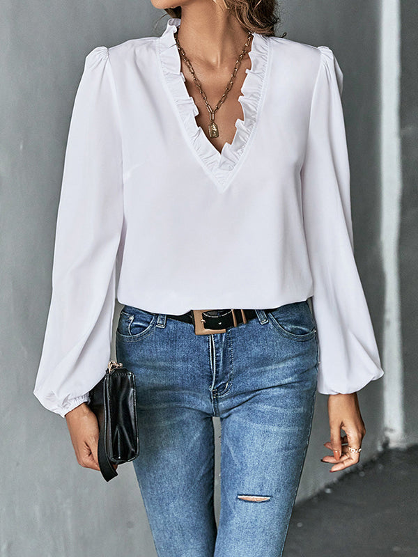 Ruffled Solid Color Long Sleeves Loose V-Neck Blouses&Shirts Tops