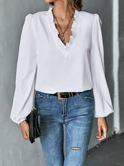 Ruffled Solid Color Long Sleeves Loose V-Neck Blouses&Shirts Tops
