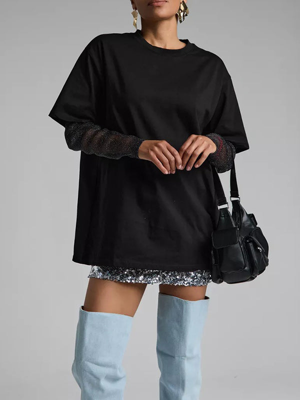 See-Through Split-Joint Sun Protection False Two Loose Round-Neck T-Shirts