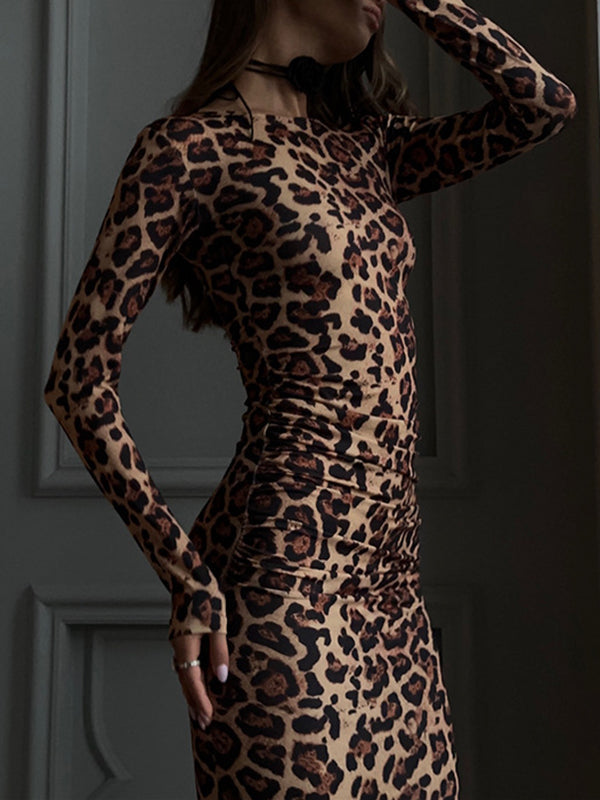 Leopard Printed Bodycon Long Sleeves Round-Neck Maxi Dresses