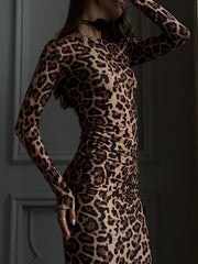 Leopard Printed Bodycon Long Sleeves Round-Neck Maxi Dresses