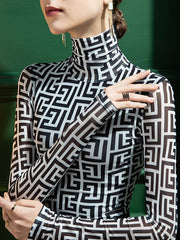 Gauze Printed Long Sleeves Skinny High-Neck T-Shirts