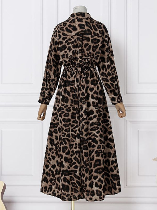 Buttoned Leopard High Waisted Long Sleeves Lapel Maxi Dresses