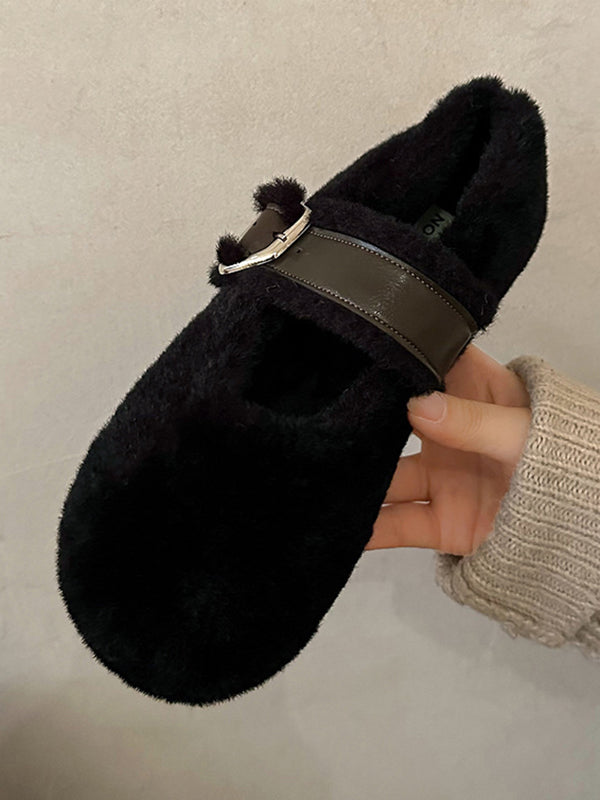 Belt Buckle Round-Toe Shallow Cut Split-Joint Velvet Flat Shoes