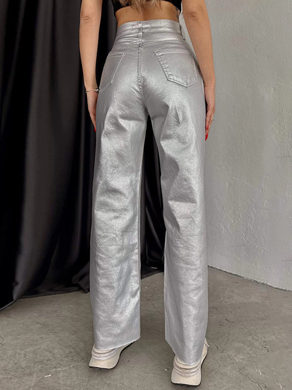 Pockets Solid Color Wide Leg Trousers Pants