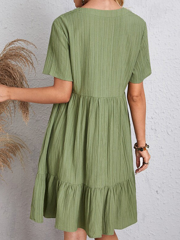 Pleated Solid Color Split-Joint A-line Loose V-neck Mini Dresses