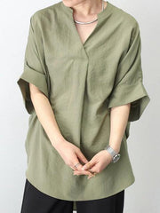 Pleated Solid Color Split-Joint Half Sleeves High-low V-neck Blouses&shirts Tops