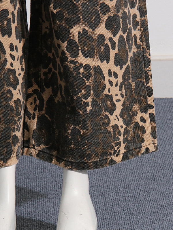 Leopard Printed Ripped Split-Joint High Waisted Loose Jean Pants Bottoms