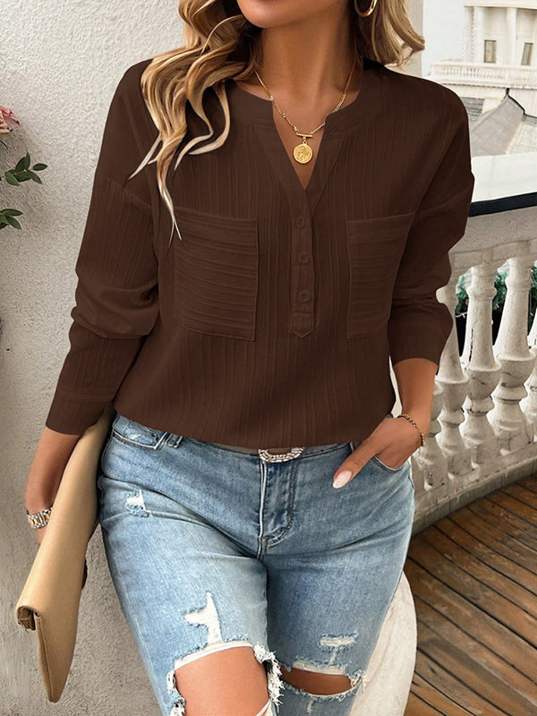 Buttoned Pockets Solid Color Long Sleeves Loose V-Neck Blouses&Shirts Tops