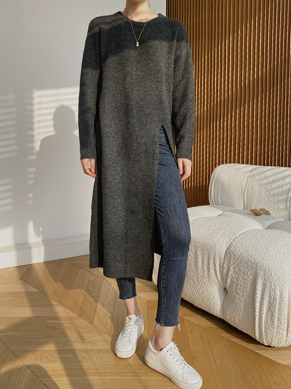 Loose Split-Side Solid Color Round-Neck Knitting Sweater Dresses