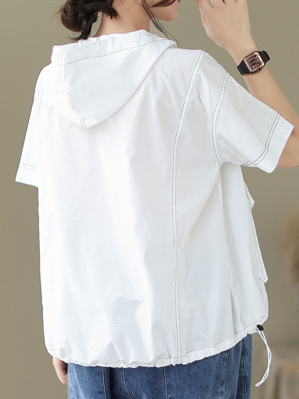 Zipper Loose Short Sleeves Hooded T-Shirts Tops