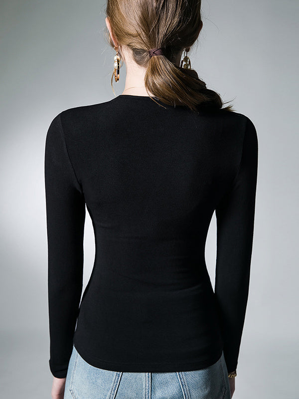 Asymmetric Buttoned Long Sleeves Skinny V-Neck T-Shirts Tops