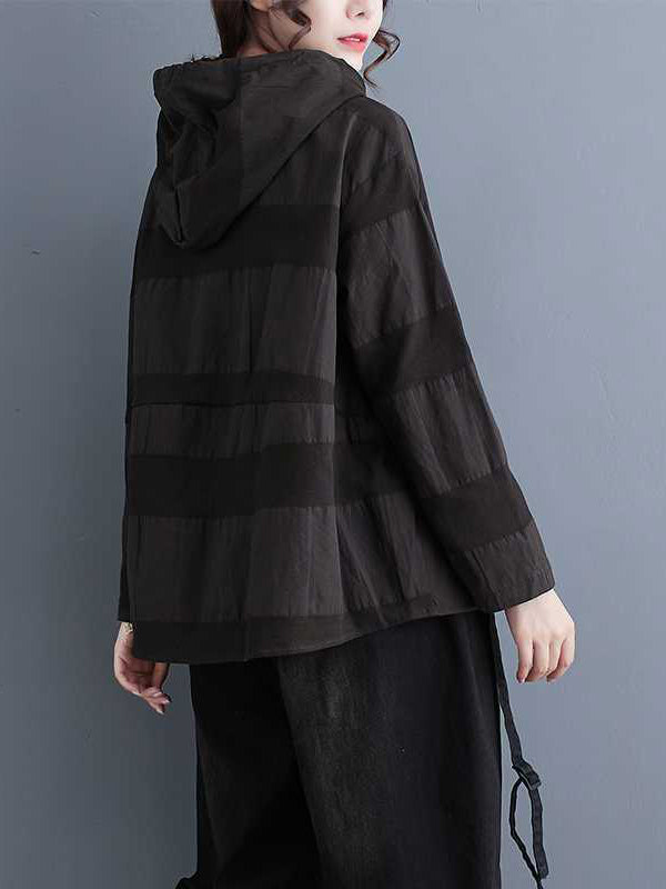 Drawstring Hooded Solid Color Split-Joint Long Sleeves Loose Round-Neck Hoodies Tops