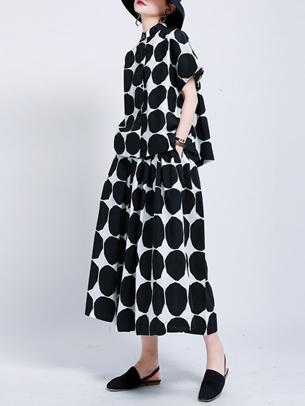 Mock Neck Buttoned Pockets Polka-Dot Blouses Top + A-Line High Waisted Skirts Bottom Two Pieces Set