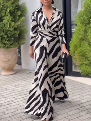Long Sleeves Wide Leg Split-Joint Tied Waist Zebra Printed Lapel Jumpsuits