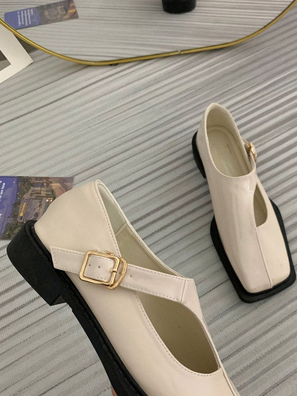 Buckle Hollow Split-Joint Square-Toe Loafers Flat Shoes